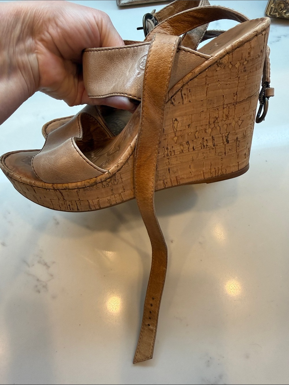 Born Leather Cork Wedge Sandals Size 8 70s Boho Platform Ankle Strap